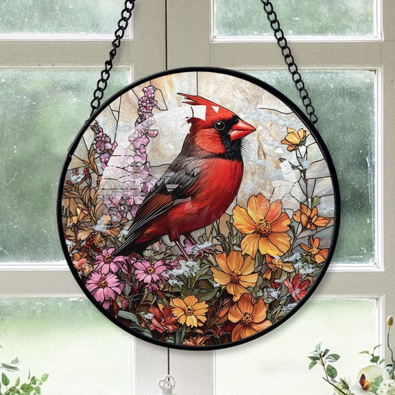 Cardinal Christmas Ornament, Black Cardinal Stained Glass Window Hangings, Black Cardinal Decor, Black Cardinal Family Christmas Ornament Black-173HD137, Cardinal Stained Glass Art