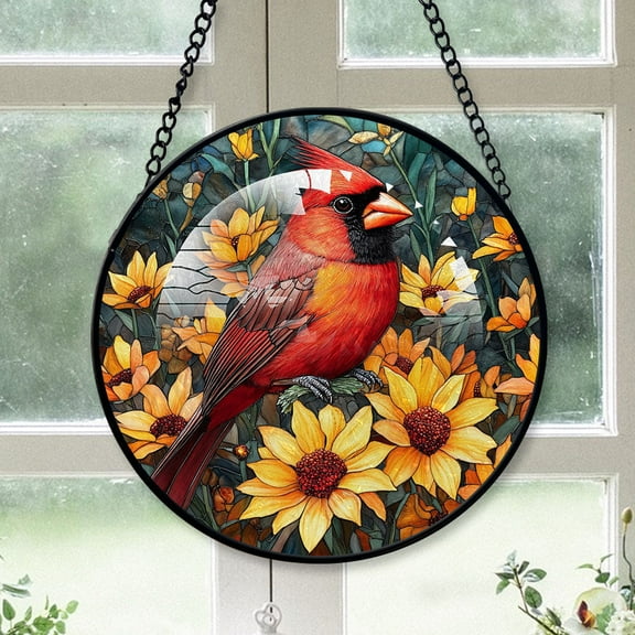 Cardinal Christmas Ornament, Black Cardinal Stained Glass Window Hangings, Black Cardinal Decor, Black Cardinal Family Christmas Ornament Black-173HD227, Cardinal Stained Glass Art