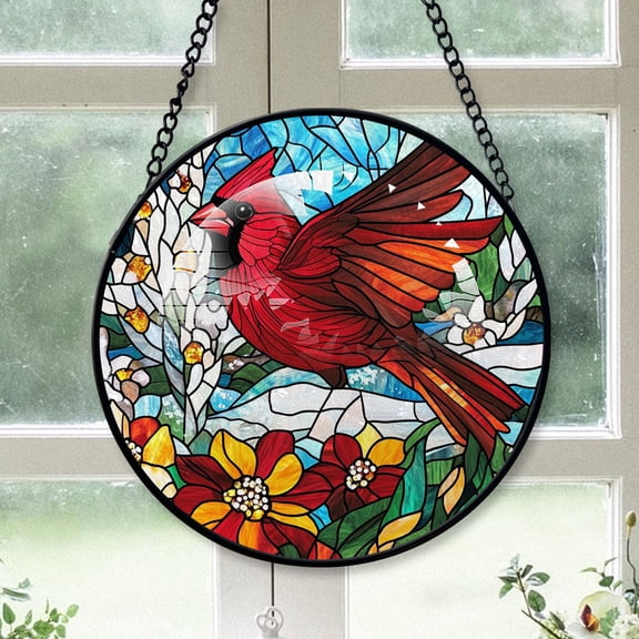 Cardinal Christmas Ornament, Black Cardinal Stained Glass Window Hangings, Black Cardinal Decor, Black Cardinal Family Christmas Ornament Black-173HD317, Cardinal Stained Glass Art