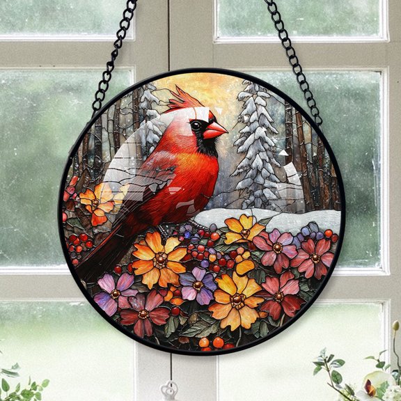 Cardinal Christmas Ornament, Black Cardinal Stained Glass Window Hangings, Black Cardinal Decor, Black Cardinal Hanging Ornaments Black-173HD44, Cardinal Stained Glass Art