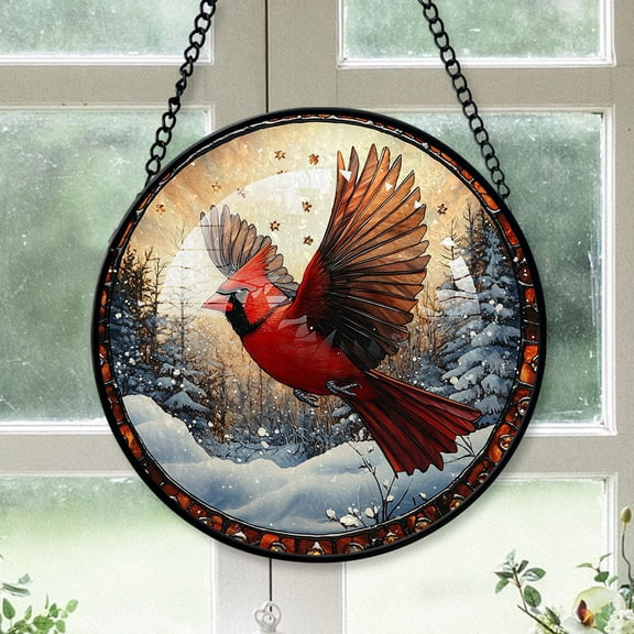 Cardinal Christmas Ornament, Black Cardinal Stained Glass Window Hangings, Black Cardinal Decor, Black Cardinal Mini Ornaments For Mini Chrismas Tree Black-173HD107, Cardinal Stained Glass Art