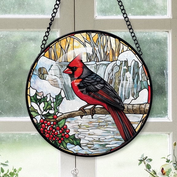 Cardinal Christmas Ornament, Black Cardinal Stained Glass Window Hangings, Black Cardinal Decor, Black Cardinal Red Christmas Ornaments Black-173HD193, Cardinal Stained Glass Art