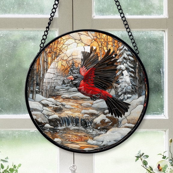 Cardinal Christmas Ornament, Black Cardinal Stained Glass Window Hangings, Black Cardinal Decor, Black Cardinal Small Christmas Tree Decorations Black-173HD374, Cardinal Stained Glass Art