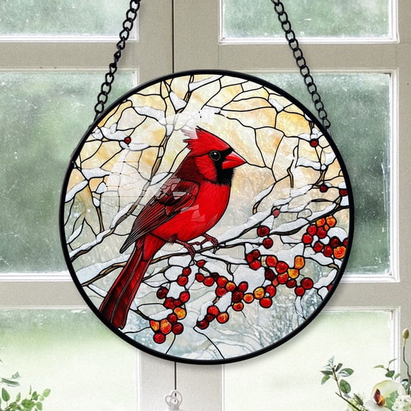 Cardinal Christmas Ornament, Black Cardinal Stained Glass Window Hangings, Black Cardinal Decor, Black Cardinal Small Christmas Tree Decorations Black-173HD284, Cardinal Stained Glass Art