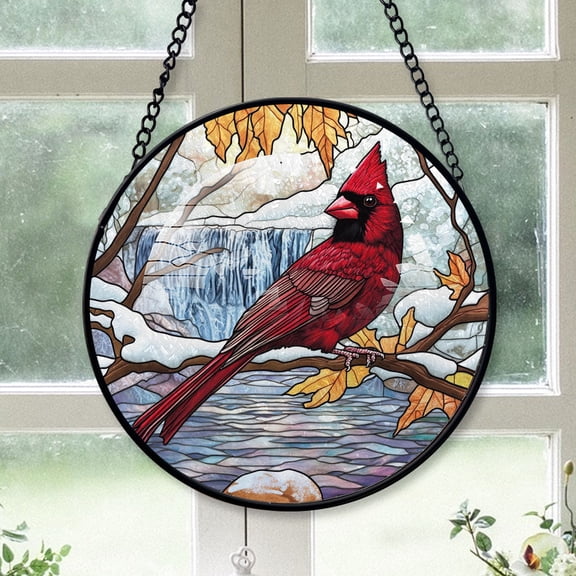 Cardinal Christmas Ornament, Black Cardinal Stained Glass Window Hangings, Black Cardinal Decor, Black Cardinal Small Christmas Tree Decorations Black-173HD194, Cardinal Stained Glass Art