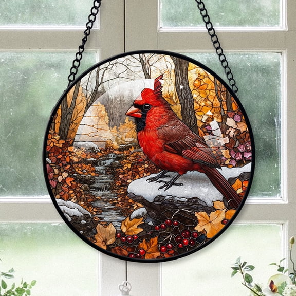 Cardinal Christmas Ornament, Red Cardinal Stained Glass Window Hangings, Red Cardinal Decor, Red Cardinal Christmas Wall Decor Red-178HD223, Cardinal Stained Glass Art