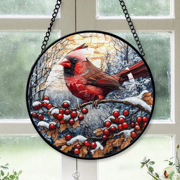 Cardinal Christmas Ornament, Red Cardinal Stained Glass Window Hangings, Red Cardinal Decor, Red Cardinal Hanging Ornaments Red-178HD374, Cardinal Stained Glass Art
