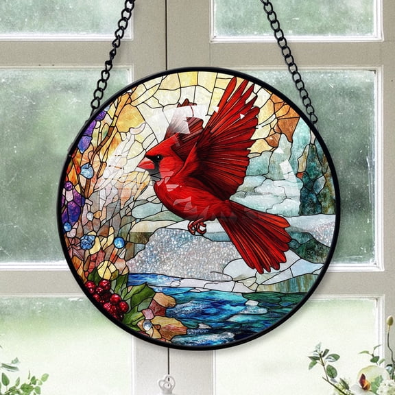 Cardinal Christmas Ornament, Red Cardinal Stained Glass Window Hangings, Red Cardinal Decor, Red Cardinal Red Christmas Ornaments Red-178HD163, Cardinal Stained Glass Art