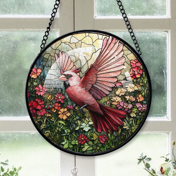 Cardinal Christmas, Pink Cardinal Stained Glass Window Hangings, Pink Cardinal Decor, Pink Cardinal Miniature Christmas Decorations Pink-177HD33, Cardinal Stained Glass Art