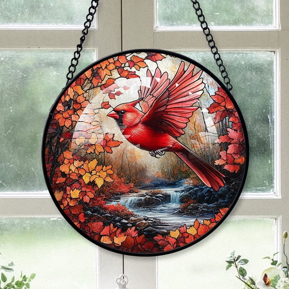 Cardinal Christmas, Red Cardinal Stained Glass Window Hangings, Red Cardinal Decor, Red Cardinal Miniature Christmas Decorations Red-178HD9, Cardinal Stained Glass Art