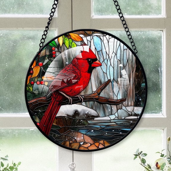 Cardinal Christmas Suncatchers, Red Cardinal Stained Glass Window Hangings, Red Cardinal Decor, Red Cardinal Christmas Outdoor Decorations Red-178HD306, Cardinal Stained Glass Art