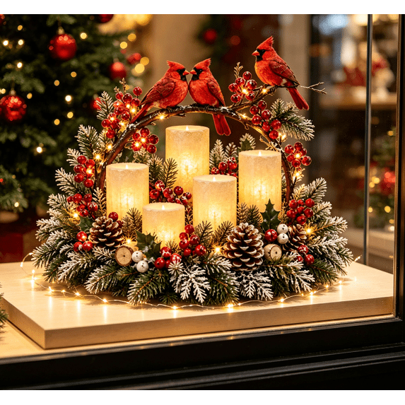 Cardinal Christmas Table Arrangement Flameless Candle Table Decor with Frosted Pine Branches Berries and Warm String Lights