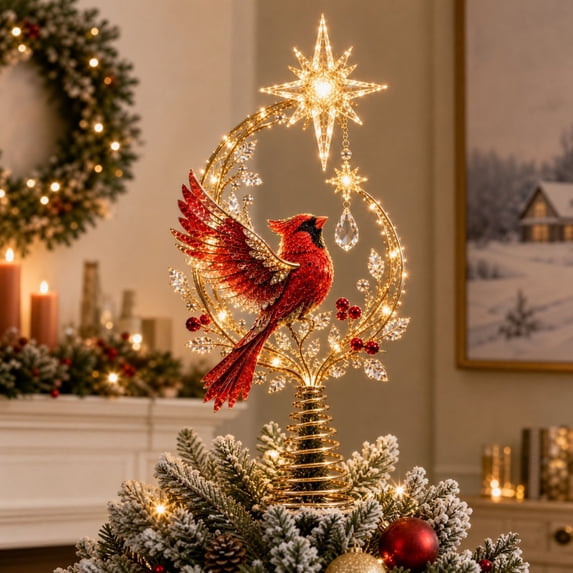 Cardinal Christmas Tree Topper with Star and Halo Metal Tree Top ...