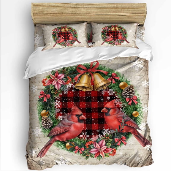 Cardinal Christmas Twin Size Comforter Set, Rings Bells Snowflakes Winter Rustic Plaid Bedding for All Seasons, 4 Pcs Bed Set with 1 Comforter (68"x86") ,1Sheet(66"x116"), 2 Pillowcases (19"x29")