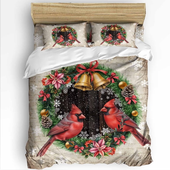 Cardinal Christmas Twin Size Comforter Set, Rings Bells Snowflakes Winter Wooden Board Bedding for All Seasons, 4 Pcs Bed Set with 1 Comforter (68"x86") ,1Sheet(66"x116"), 2 Pillowcases (19"x29")