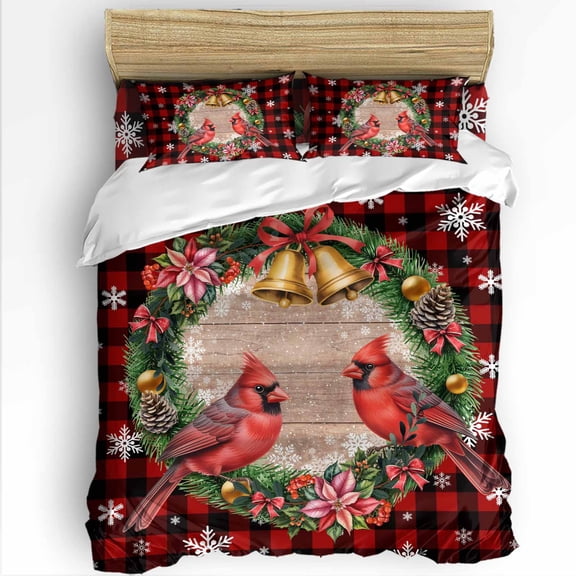 Cardinal Christmas Twin Size Comforter Set, Rings Bells Snowflakes Winter Wooden Plaid Bedding for All Seasons, 4 Pcs Bed Set with 1 Comforter (68"x86") ,1Sheet(66"x116"), 2 Pillowcases (19"x29")
