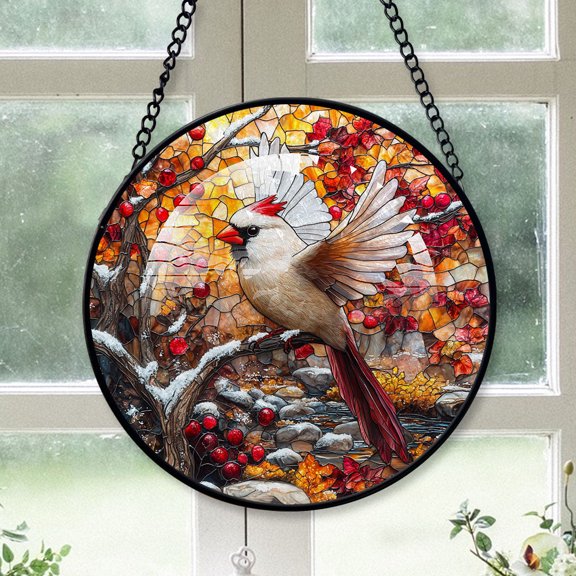 Cardinal Christmas, White Cardinal Stained Glass Window Hangings, White Cardinal Christmas, White Cardinal Decor, White Cardinal Christmas Tree Decorations Indoor-179HD15, Cardinal Stained Glass Art