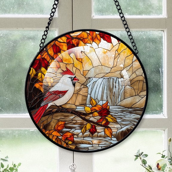 Cardinal Christmas, White Cardinal Stained Glass Window Hangings, White Cardinal Decor, White Cardinal Miniature Christmas Decorations White-179HD165, Cardinal Stained Glass Art