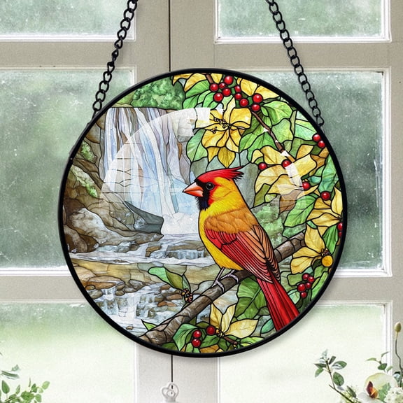 Cardinal Christmas, Yellow Cardinal Stained Glass Window Hangings, Yellow Cardinal Decor, Yellow Cardinal Christmas Tree Ornaments Yellow-180HD381, Cardinal Stained Glass Art
