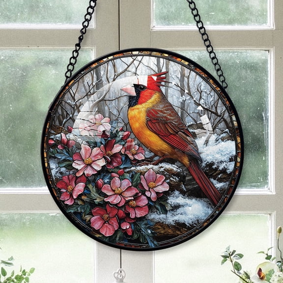Cardinal Christmas, Yellow Cardinal Stained Glass Window Hangings, Yellow Cardinal Decor, Yellow Cardinal Mini Christmas Tree Decorations Yellow-180HD11, Cardinal Stained Glass Art