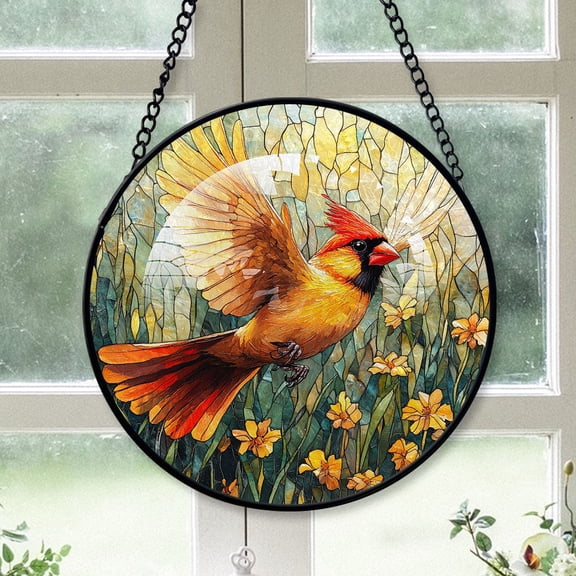 Cardinal Christmas, Yellow Cardinal Stained Glass Window Hangings, Yellow Cardinal Decor, Yellow Cardinal Miniature Christmas Decorations Yellow-180HD321, Cardinal Stained Glass Art