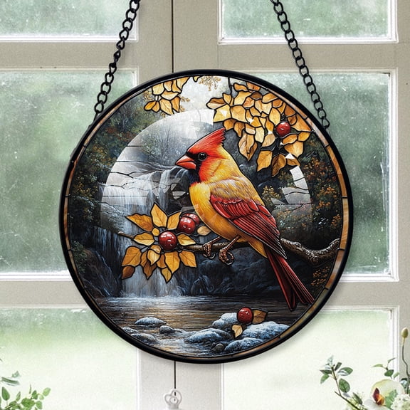 Cardinal Christmas, Yellow Cardinal Stained Glass Window Hangings, Yellow Cardinal Decor, Yellow Cardinal Miniature Christmas Decorations Yellow-180HD51, Cardinal Stained Glass Art