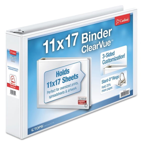 Cardinal. Clearvue Slant-d Ring Binder, 3 Rings, 2" Capacity, 11 X 17, White