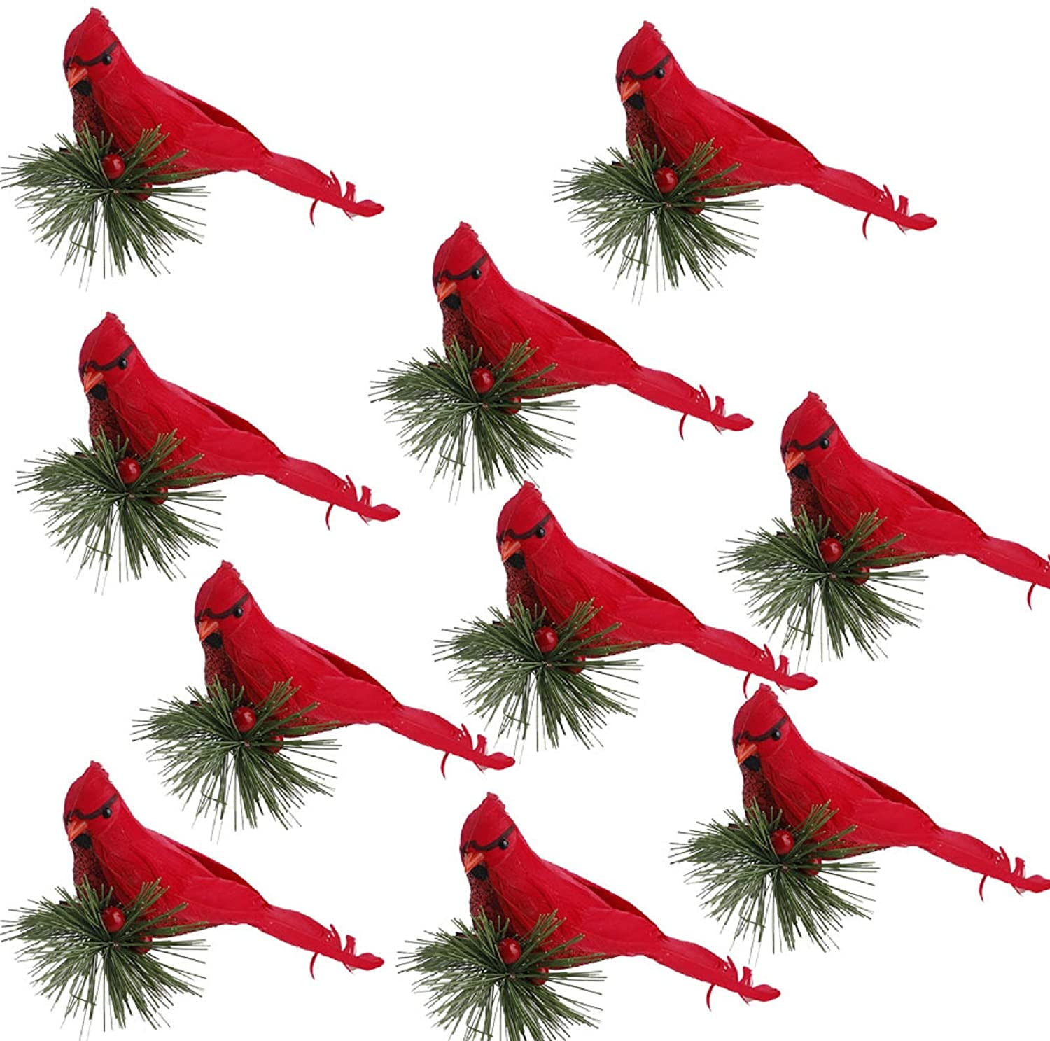 Cardinal Clip On Christmas Tree Ornament Decorations - Red Flocked Body \u0026 Feathered Wings \u0026 Tail - Set of 10