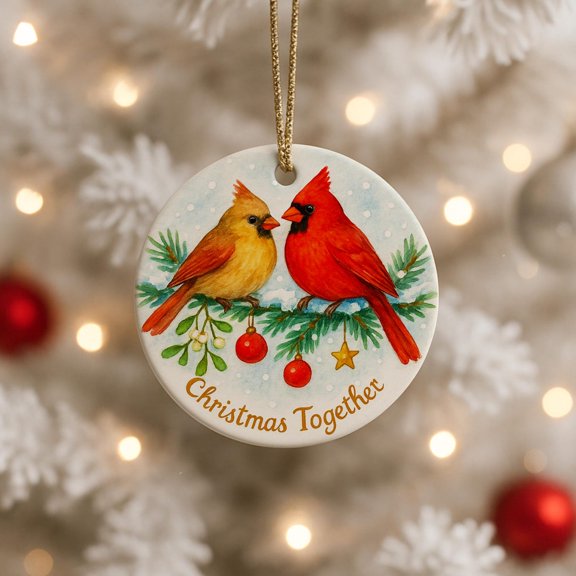 Cardinal Couple Ceramic Ornament | Birdwatcher Christmas Tree Decor | Love Bird Gift | Holiday Bird Charm | Winter Bird Duo