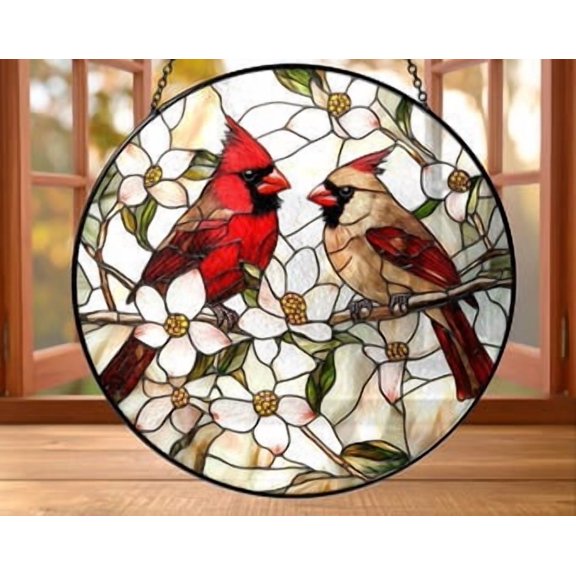 Cardinal Couple Flower Glass Suncatcher Round Window Hanging, 3.5 in