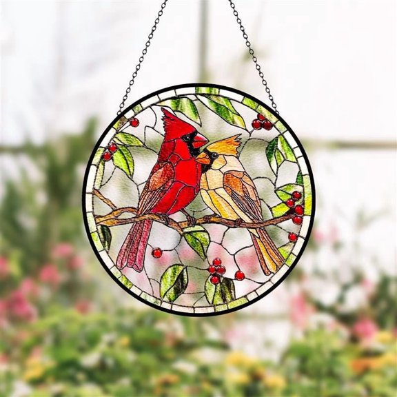 Cardinal Couple Flower Glass Suncatcher Round Window Hanging, 3.5 in