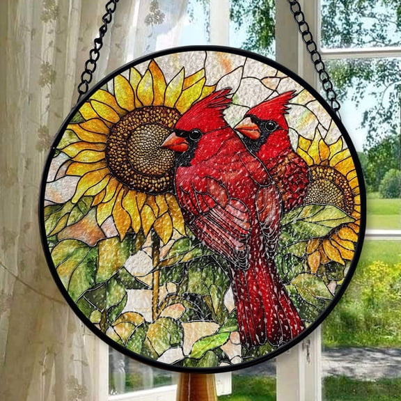 Cardinal Couple Stained Glass Suncatcher, Cardinal with Sunflowers suncatcher, Vibrant Red Bird window hangings, Gift for her, House decor, Stained Glass Ornament 2025, Holiday