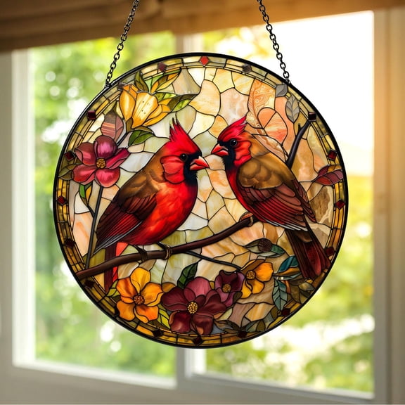 Cardinal Couple Stained Glass Suncatcher Red Bird Window Hanging Decor Memorial Gift