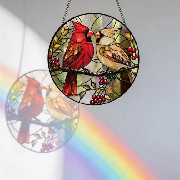 Cardinal Couple Stained Glass Suncatcher, Red Bird Window Hanging, Memorial Gift for Loved One, Sympathy Gift, Romantic Bird Decor