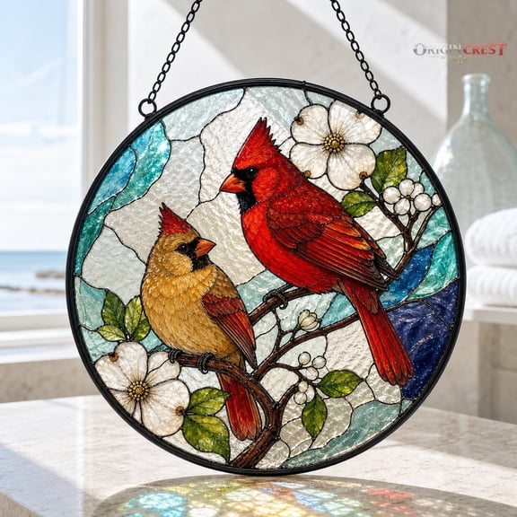 Cardinal Couple Suncatcher Stained Glass Bird Window Hanging – Red Cardinal Decor, Romantic Memorial Gift for Couples