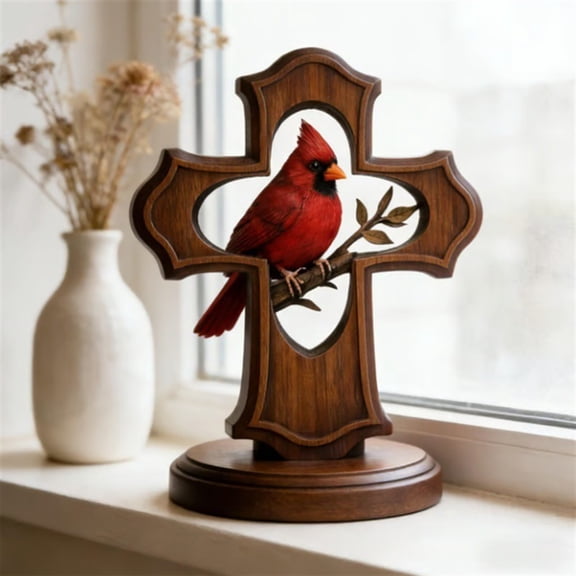 Cardinal Cross Desktop Ornament, Fashionable Bird Cross Decor, Elegant Decoration for Home Office Bookshelf, Collectible Piece for Space Enthusiasts