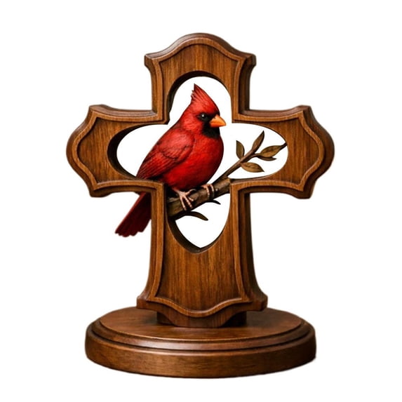 Cardinal on Cross Wooden Desktop Sculpture, Symbolic Red Bird Figurine for Home Decor, Rustic Memorial Cross Ornament for Mantel, Shelf & Desk, Religious Spiritual Gift