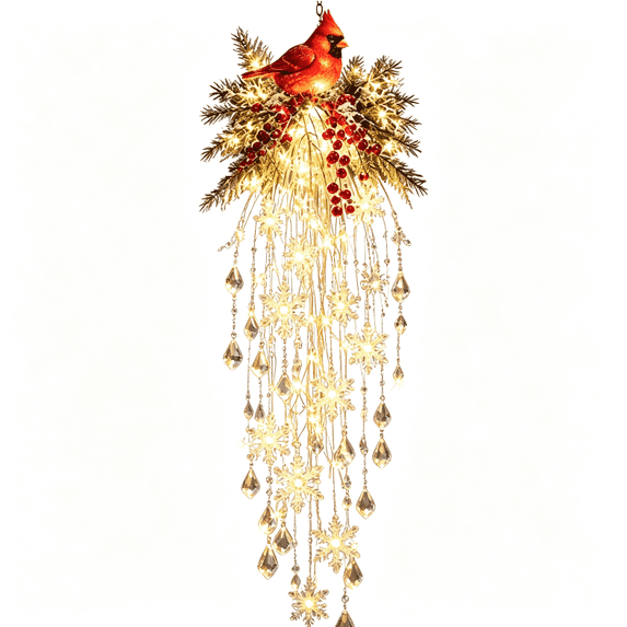 Cardinal Crystal Cascade Christmas Hanging Light, Christmas Hanging Lights with Snowflake & Crystal LED, Outdoor Christmas Decorations Porch Decor