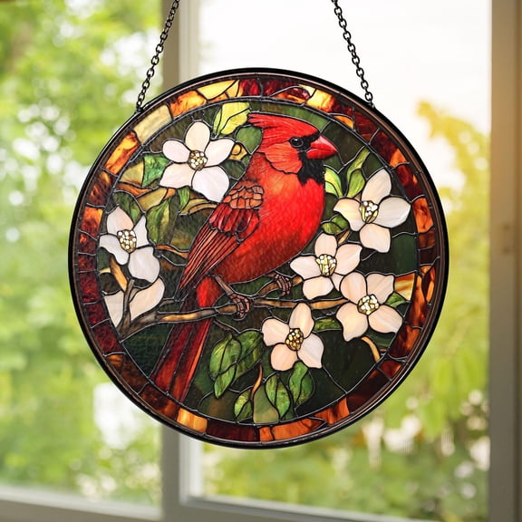Cardinal Dogwood Flower Stained Glass Suncatcher Window Hanging Home Decor Floral