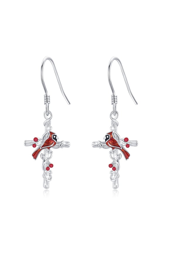Cardinal Earrings 925 Sterling Silver Cross Red Bird Dangle Earrings for Women Hypoallergenic Animal Drop Memorial Sympathy Cardinal Jewelry Gift