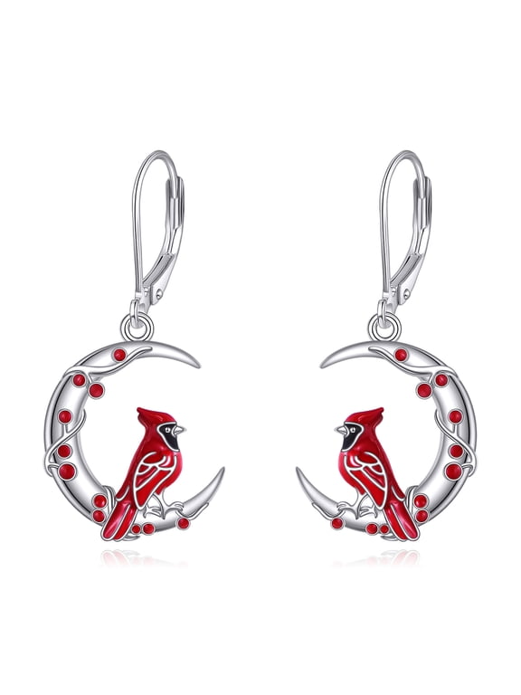 Cardinal Earrings for Women 925 Sterling Silver Red Bird Dangle Leverback Moon Drop Earring Memorial Jewelry Christmas Birthday Gifts (Cardinal)