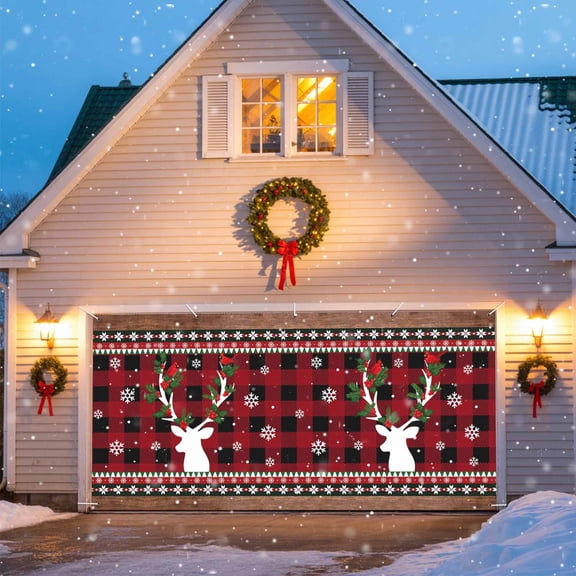 Cardinal Elk Snowflake Wood Grain Christmas Garage Door Decorations, 6.9x16ft Garage Door Cover Banner with Grommets, Outdoor Garage Door Backdrop Mural for Holiday Wall Decor, Berry Buffalo Plaid
