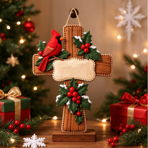 Cardinal Faith Cross Christmas Door Hanger, Rustic Prayer Room Wall Accent for Entryway Hallway and Window Display (S)