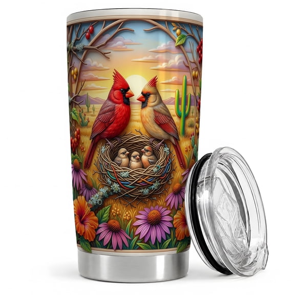 Cardinal Family Nest 20oz Tumbler, Cardinal Lover Tumbler, Daily Coffee Cup, Red Birds With Chicks In Wicker Nest And Desert Sunset, Cactus Floral Art, Birdwatcher Women And Men