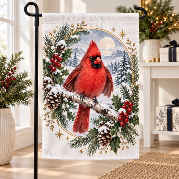Cardinal Garden Flag, Pine Cone Branch Winter Bird House Banner for Christmas Decor