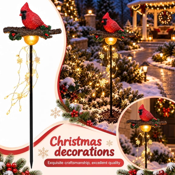 Cardinal Garden Stake Light with Built-In Battery, Resin Red Bird Ground Stake with Pine Berries and Warm LED Snowflake Tassel, 27.56 Inch Yard Decor