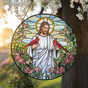 Cardinal Glass Suncatcher, Jesus With Cardinals Suncatcher, God Window Hanging, Memorial Gift, Christian Window Hanging, Jesus Christ Gift, Suncatcher Window Hanging, 7.9 in