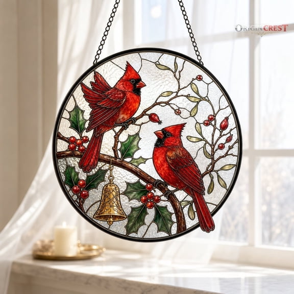 Cardinal Glass Suncatcher Window Hanging - Memorial Bird Stained Glass Art Decor Gift for Cardinal Lovers