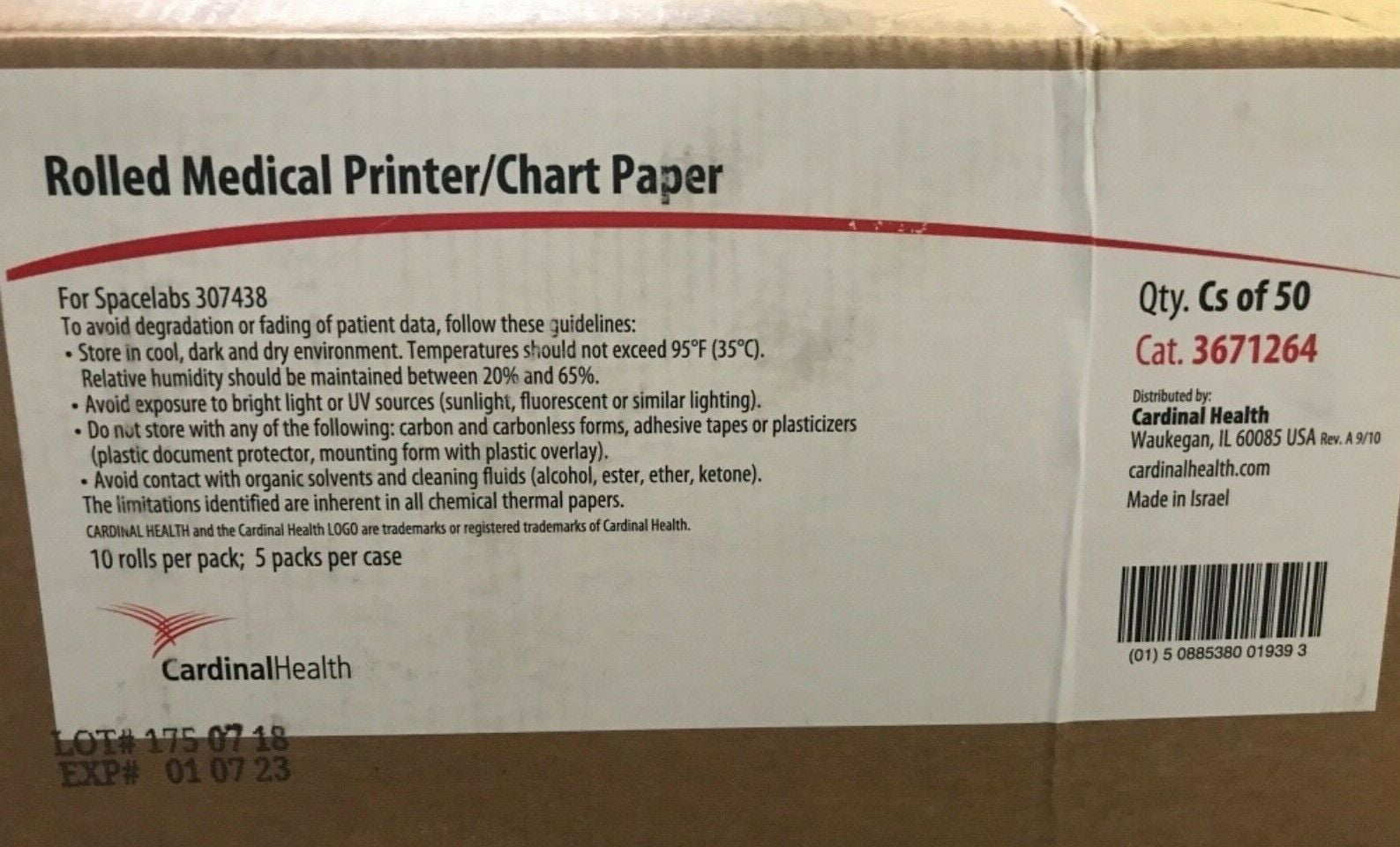 Cardinal Health 3671264 Rolled Medical Printer/Chart Paper 50 case exp 1/07/2023