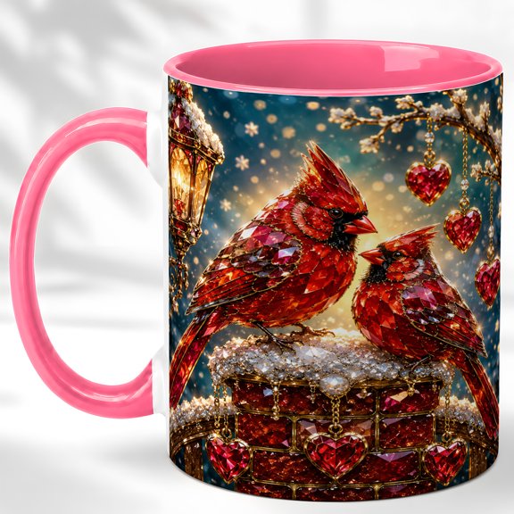 Cardinal Heart Coffee Mug, Winter Bird Mug, Ceramic 11 oz